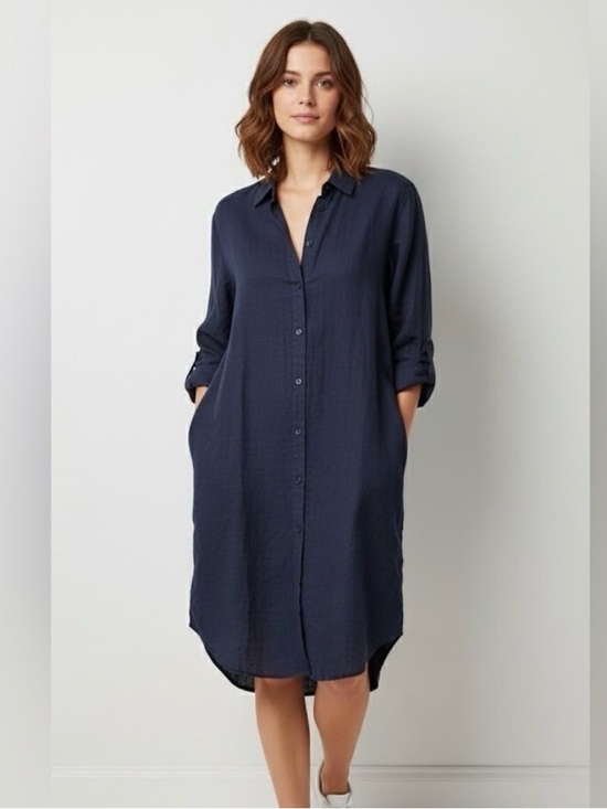 Roots Dresses & Skirts - Roots 100% linen Navy Long-Sleeve Button-Front Shirt Dress